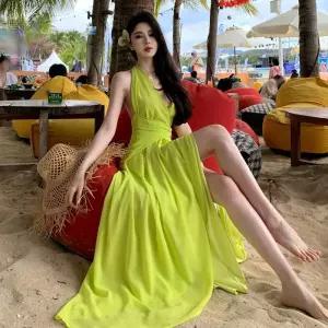 여성 세련된 쉬폰 원피스 홀터넥 브이넥 드레스 하늘하늘 트임 백 해변 바캉스 DUCHI1