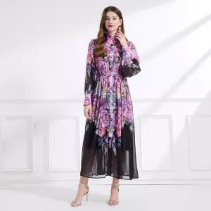 여성 세련된 쉬폰 원피스 프린트 차이나 수채화 꽃 벌룬 소매 빅 스커트 DUCHI1