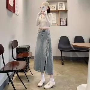 모씨모씨 시폰레이스스커트치마 심플한 청치마 절개 데님 스커트 하이웨스트 A라인 미디 랩 패션 DUCHI3 여