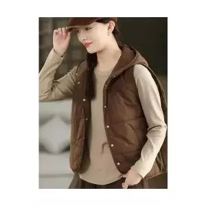 마킷4 여성 후드 가디건 큐티 패딩 조끼 빈티지 솔리드 캐주얼 카디건 민소매 JEN1