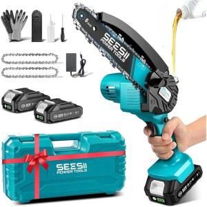 SIESII 미니 전기톱 6인치, 무선 / 2x2000mAh 배터리, 오일러 시스템 및 교체 체인, 휴대용 안전 잠금장치, 나무 절단용 배터리 구동 전기톱, M6 플러스