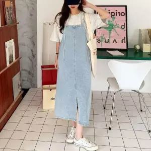 심플한 원피스 데님 멜빵 스커트