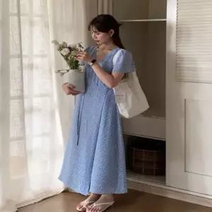 패션원피스 여성 블루 플라워 원피스 러블리 반팔 랩 롱원피스