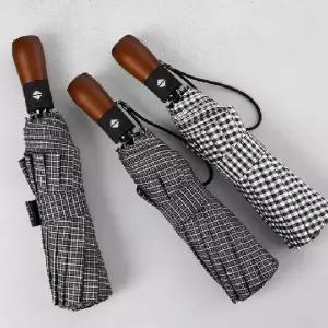 우드 핸들 체크 패턴 3단 자동 우산 튼튼한 접이식 휴대용 양우산