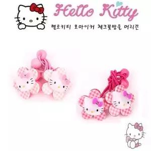 S키티 호마이카 체크 꽃방울 머리끈KL-453.키티 호마이카 체크꽃방울