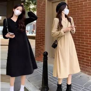 여자 가을 겨울 간절기 데이트룩 패션센스 브이넥 코듀로이 A라인