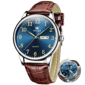 OLEVS 남성용 빈티지 가죽 밴드 드레스 클래식 이지 리더 아라비아 숫자 아날로그 쿼츠 방수 날짜 요일
