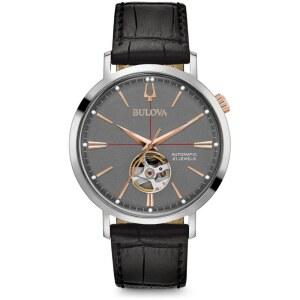 불로바 남성용 클래식 에어로젯 3핸드 자동 가죽 스트랩 시계 오픈 조리개 40시간 전력 예비 더블 커브드