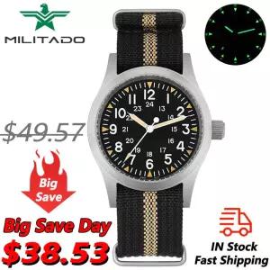 Militado ML05 38mm 빈티지 시계 VH31 쿼츠 무브먼트 필드 높은 투명 AR 코팅 손목 시계가있는 돔형