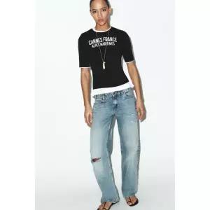 zara 자라 콘트라스트 텍스트 티셔츠 - 블랙