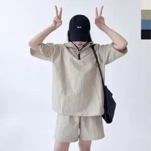 T 60W 여자 후드 아노락세트 커플 셋업 반팔 반바지 오버핏 운동복 셋업 트레이닝 반바지