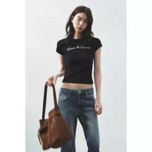 zara 자라 앞면 텍스트 티셔츠 - 블랙