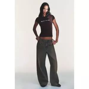 zara 자라 앞면 텍스트 티셔츠 - 초콜렛