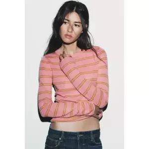 zara 자라 울 스트라이프 스웨터 - 로즈핑크