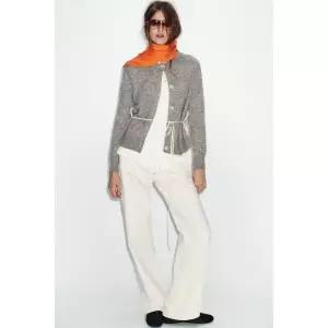 zara 자라 믹스 소재 벨트 니트 재킷 - 그레이