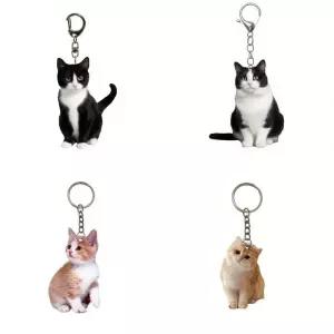 1개 흑백 고양이 키체인 2D 아크릴 펜던트 양면 디자인 배낭 및 선물용 동물 열쇠 고리 참