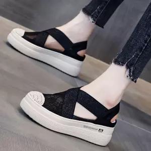 여성 2컬러 키높이 통굽 샌들 레이스 시스루 슬립온