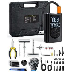 휴대용 공기 압축기가 장착된 프리울 타이어 수리 키트, 자동차, 오토바이, 트랙터, 트럭, 볼용 무선 인플레이터(150 PSI)가 58PCS 플러그 키트