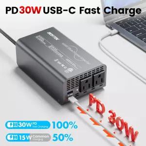 BESTEK 400W 순수 사인파 파워 인버터 - DC 12V ~ 110V AC 컨버터 30W USB-C/18W 고속 충전/듀얼 콘센트가