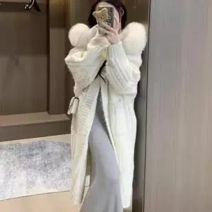 [옷자락]여자 오버핏 케이블 니트 털 후드 무릎 기장 롱 가디건