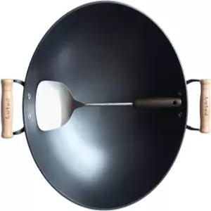 뚜껑과 주걱 볶음 팬이 있는 루티드 중국식 웍 딥 프라이어 주철 16인치 원형 바닥 냄비 오픈 파이어용