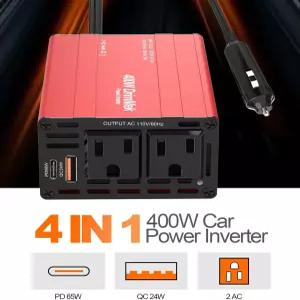 400W 자동차 파워 인버터 - 듀얼 DC 12V ~ 110V AC 플러그 어댑터 콘센트 고속 충전 USB C 65W 및 24W 포트