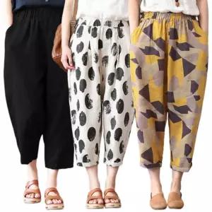 프린트 여성바지 밴딩 배기팬츠 여름 린넨 면바지 슬랙스