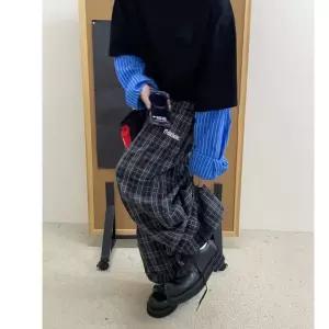 호크아이 가을 빈티지 캐주얼 팬츠 남자 면 데일리룩 면린넨 긴 일자 와이드 체크 슬리퍼 KUK3