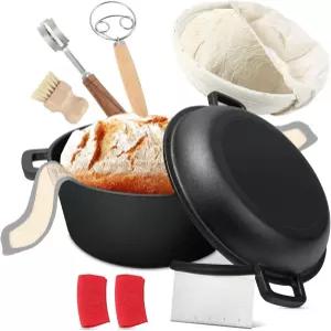 푸아리미 주물 빵 베이킹용 철 더치 오븐 뚜껑이 있는 사워도우 5Qt 캠핑 튀김 및 브레이징을 위한 베이킹