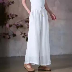 손오공 치마 바지 여자 데일리룩 고직 모시 와이드팬츠 밴딩 허리 스트링 통 순색 이중면 속 KUK1