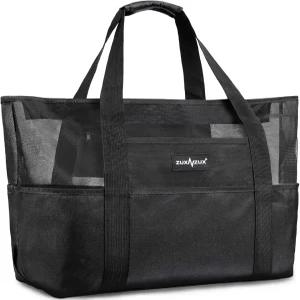 ZUXNZUX 메쉬 비치백 - 지퍼가 달린 대형 방수 비치 토트백 오버사이즈 접이식 경량 가족용 수영 가방 휴가