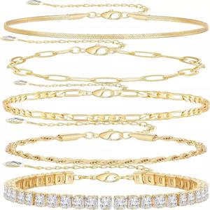 MOROTOLE 5PCS 14K 골드 도금 팔찌 여성용 세트 저자극성 스태커블 스트레치 쿠바 청키 플랫 링크 체인