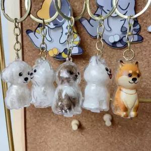 J2K 강아지 반려동물 털 뭉치 보관 투명 캡슐 키링 가방 고리 키홀더
