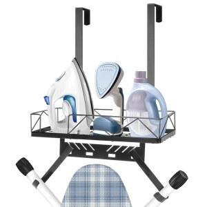 시즈다 다림질 선반 위 세탁실, 블랙 욕실용 보관 걸이, 보드 거실, 벽걸이 가능한 금속 매트 또는 문 캐디, 후크가 있는 조절