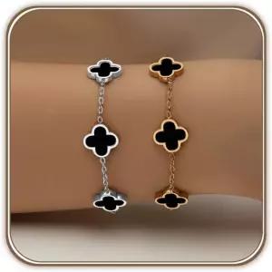 여성용 HAITY 18K 골드 도금 클로버 팔찌 세트 화이트/블랙/골드/실버/그린/핑크 조절 가능 링크 양면 럭키