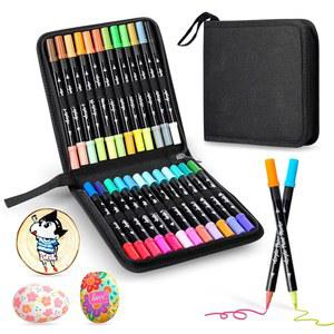 Welebar 48색 아크릴 페인트 마커 24개의 듀얼 팁 브러시 펜(마커당 2가지 색상) - 캔버스 바위 나무 유리 세라믹을 위한 방수 아트 용품 DIY 공예 및 아티스트 사용 u200B