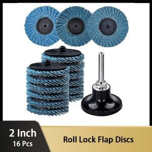 2인치 롤락 플랩 디스크 16개 40/60/80 그릿 연마 그라인더 휠 1/4인치 생크 샌딩 패드 홀더 포함 (목재/메