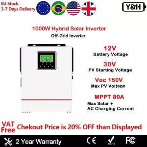Y H 태양광 하이브리드 인버터 오프 그리드 순수 사인파 80A MPPT 충전기 PV 150V 입력 12V AC230 V 1000W