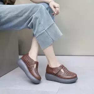 원더맨 여성용 빈티지 여름 소 데일리룩 웨지힐 펀칭 빅사이즈 샌들 신발 리얼 가죽 KUK5