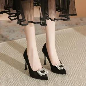 원더맨 여성 블랙 단화 스웨이드 힐펌프스 데일리룩 프렌치 가보시 하이힐 신발 힐 스틸레토 KUK5