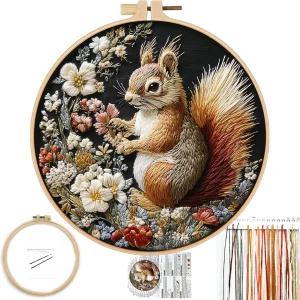 포누이 재미있는 다람쥐 꽃 자수 키트 초보자를 위한 크로스 스티치 프린트 패턴이 있는 수제 공예품 쉽게