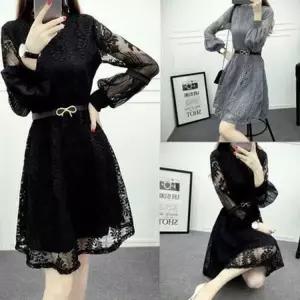 EAMT 여성 레이스 원피스 여름 펀칭 초롱 소매 스커트 인테리어 긴팔 YJ3