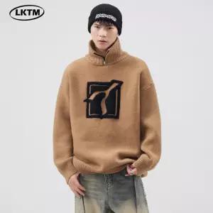 썬더볼츠 니트 남성용 남친 폴라 집업 기모 패션브랜드반 자수 스웨터 성사각 터틀넥 KKE1