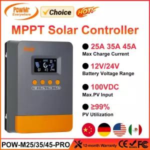 PowMr Choice 25A 35A 45A MPPT 태양열 충전 컨트롤러 블랙라이트 LCD 레귤레이터 12V/24V 리튬 배터리용