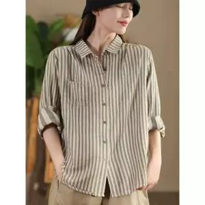 EAMT 여성 면 가을 빈티지 캐주얼 스트라이프 셔츠 세로 짜임 카라 루즈핏 긴팔 가디건 톱 EUNG3