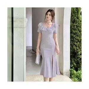 에네로 여성쉬폰원피스 여름 프릴넥 힙트임 머메이드 원피스 UNO2