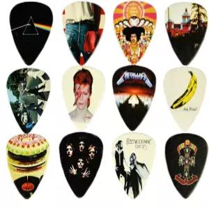 12개의 클래식 앨범 기타 픽 세트. 모든 기타리스트를 위한 픽트럼. 양면 인쇄. 크기 0.46 0.71 0.81 0.88