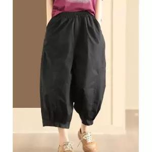 EAMT 여성바지 여름 앤티크 고밀도 면 패치 캐주얼팬츠 허리밴딩 벌룬 7부 YJ5