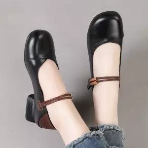 슬송렉샵 여사친 가보시 스트랩힐 슈즈 키작녀 펌프스 진가죽 플랫 배색 굽높이 작은구두 봄가을 빅사이즈 꾹3