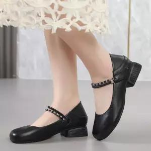 슬송렉샵 여사친 키작녀 스트랩힐 두층소가죽 단화 봄가을 통굽 빅사이즈 라운드 토 슈즈 꾹3